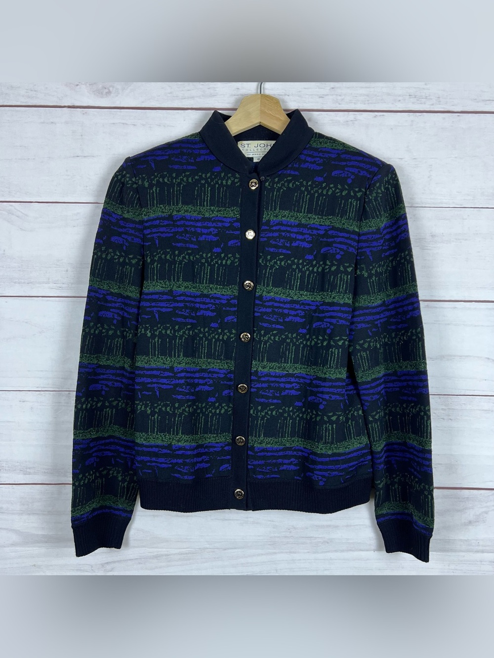 Vintage St. John Collection Santana Knit Cardigan Made In USA Blue Green Size 6